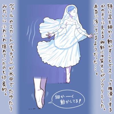 特に足を細かく動かすことでスーッと横滑りするかのように見える移動には背すじがゾクりとした。本当に浮いているようだった…。ヴェールやスカート（チュチュ？）が水中でたゆたうみたいにふわふわ揺れていたのも印象的。細か～く動かしてる！